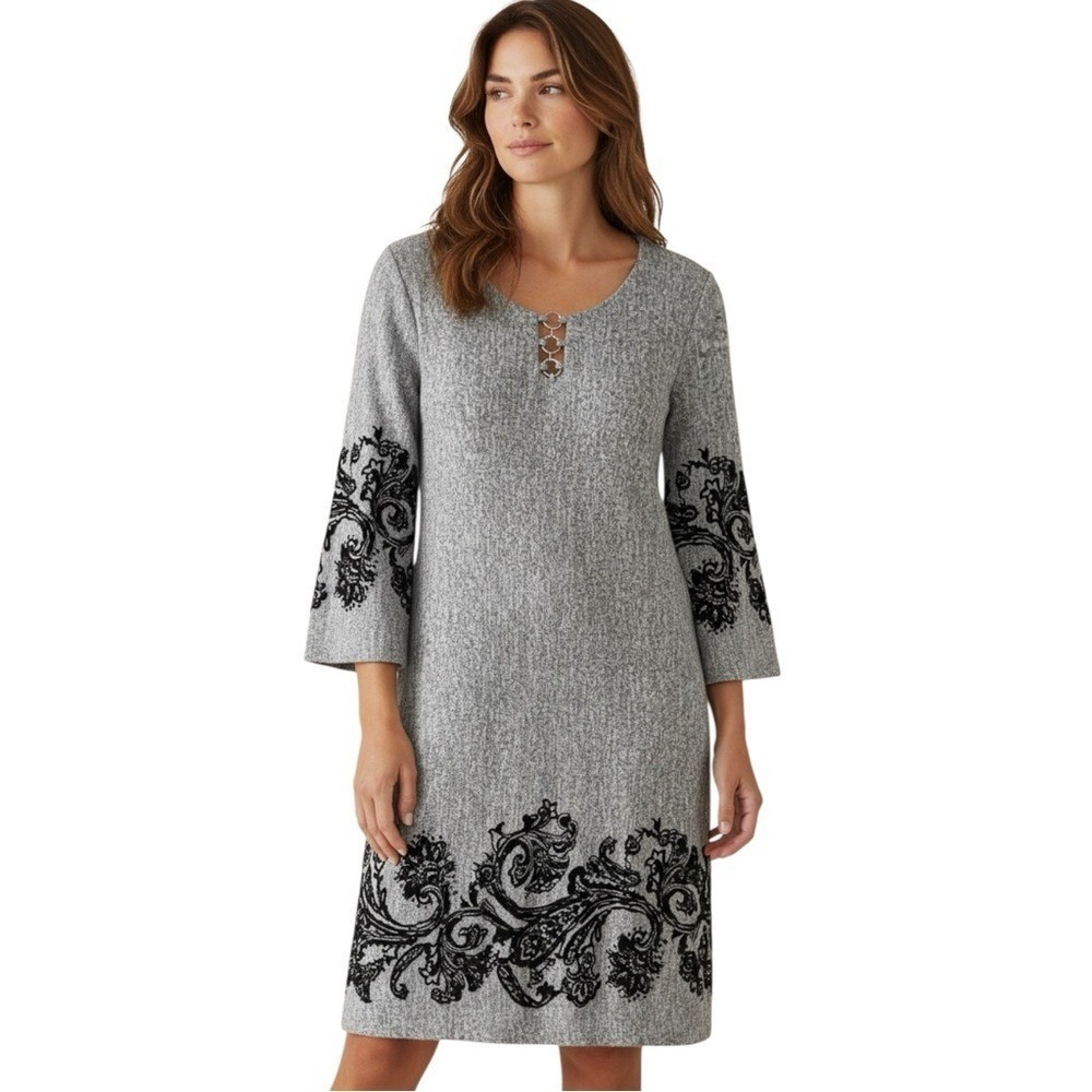Women's Tacera Grey Shift Dress Paisley Velvet Flocking Keyhole Medium